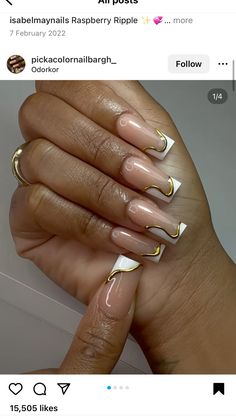 Hoco Nail Ideas Square, French Nail Designs With Gold, White Croc Nail Design, Grad Nail Ideas Simple, Gold And French Tip Nails, Gold And Silver French Tip Nails, White Tip Nail Designs Ideas, Gold Frenchies Nails, White French Tips With Gold Line