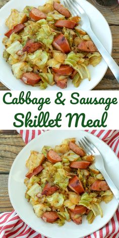 cabbage and sausage skillet meal on a white plate