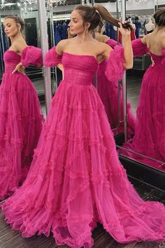 A-Line Strapless Corset Ruffled Tiered Long Prom Dresses Dark Pink Satin Dress, Prom Purple Dress, Customized Dress, Corset Prom Dress, Tulle Neckline, Corset Dress Prom, Strapless Neckline, Corset Bodice, Color Fuchsia