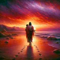 a painting of jesus walking on the beach with his arms around him as he walks towards the sunset