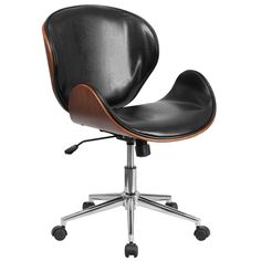 an office chair with wheels and a black leather upholstered seat, on a white background