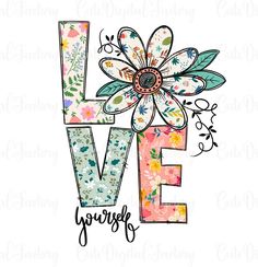 the word love surrounded by colorful flowers and leaves on a white background with an image of a flower in the center