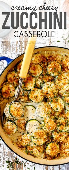 creamy cheesy zucchini casserole in a blue skillet