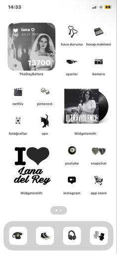 an iphone screen with various logos and icons on the bottom right hand corner, in black and white