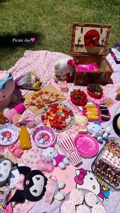 a picnic blanket with hello kitty food on it