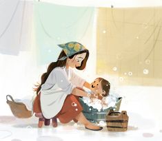 a woman washing a child in a bath tub