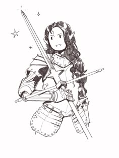 a black and white drawing of a woman in armor holding two swords with stars on the background