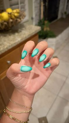 #acrylicnaildesigns #acrylic #gelnailpolish #nails #nailart #aura Green Turquoise Nails, Teal Blue Nail Ideas, Aura Summer Nails, Almond Nails Teal, Teal Aura Nails, Bahamas Nail Ideas, Aura Nail, Aura Nails Green, Mint Green Aura Nails