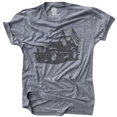 MADE IN AMERICA Nothing beats a lifted classic American CJ-7 Jeep with old glory flying in the back! Printed on a unisex cut shirt! Material: 50/50 poly cotton blend What is" Boyfriend Fit": Our most popular style, the boyfriend fit shirt is a true unisex style crew neck shirt intended to fit more boxy than a fitted style. 98% of our female customers feel this shirt fits true to their expectations, roughly 2% of customers exchange for another size. Exchanges tend to be in the XL and XXL sizes, w Military Style Cotton T-shirt With Graphic Print, Vintage Cotton T-shirt With American Flag Print, Vintage American Flag Print Cotton T-shirt, American Style Relaxed Fit Pre-shrunk Shirt, Casual American Flag Print Shirt For Veterans Day, Casual Shirt With Flag Print For Veterans Day, Tactical Hat, Cut Shirt, Cut Tees