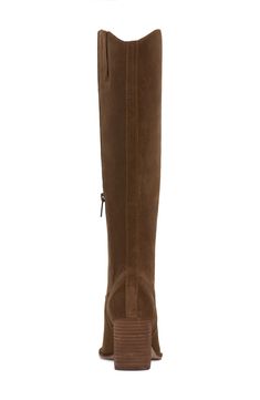 Smooth, polished leather forms the upper of this knee-high boot set atop a slightly curved block heel. 2 3/4" heel 15 1/4" shaft; 14 1/2" regular calf circumference 15 1/4" shaft; 16" wide calf circumference 15 1/4" shaft; 17" extra-wide calf circumference Leather upper/synthetic lining/rubber sole Imported Wide Calf Knee-high Heeled Boots With Suede Lining, Wide Calf Knee-high Boots With Suede Lining, Brown Knee-high Boots With Wide Calf, Wide Calf, Fall 2024, Sophisticated Style, Vince Camuto, Knee High Boots, Side Zip