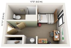 an overhead view of a small bedroom and living room