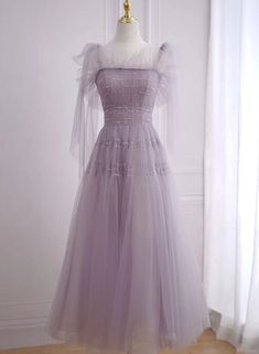 Beautiful Light Purple Tea Length Soft Tulle Party Dress, Cute Short H – BeautyDressy Light Purple Tulle Dress, Purple Fairy Dress Short, Formal Dress Pictures, Homecoming Dresses Corset, Purple Tea, Light Purple Dress, Bridesmaid Dresses Satin, Tulle Party Dress, Tulle Sleeves