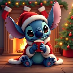 a cartoon character is sitting in front of a christmas tree and holding a coffee cup