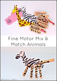 some zebras and giraffes made out of matchesticks with the words fine motor mix & match animals