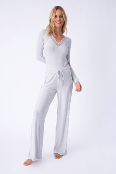 We've dressed up a perfect lounge set with a not so basic modal rib & gorgeous lace details. Stunning together or mixed into your everyday, this long sleeve v-neck top & open leg pant are effortless. Comfy Pajamas Aesthetic, Pajamas Aesthetic, Comfy Pajamas, Pajama Fashion, Bamboo Dress, Pajamas Comfy, Sleepwear & Loungewear, Linen Shop, Girl Day