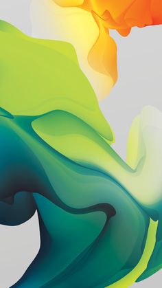 an abstract painting with green, orange and yellow colors in the shape of wavy waves