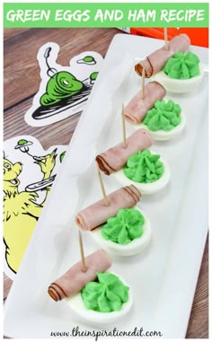 green eggs and ham recipe on a white plate with stickers in the middle for kids to eat