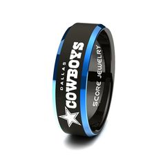 ************ANY TEAM************ 8mm Black Tungsten Band with Blue Beveled Edge NFL Football Dallas Cowboys Logo Laser Engraved Ring Dallas Cowboys Bedroom, Ring Basketball, Dallas Cowboys Rings, Dallas Cowboys Shoes, Hockey Wedding, Football Rings, Dallas Cowboys Funny, Baseball Ring, Basketball Ring