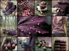 a collage of photos with purple and red colors in them, including shoes, blankets, sweaters, tablecloths