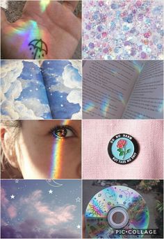 a collage of images with different colors and designs on them, including an open book