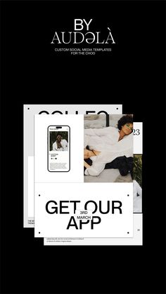 an advertisement for a cell phone that is being displayed on a black and white background