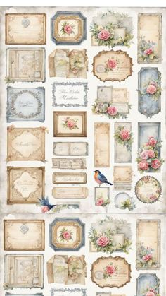 an assortment of vintage frames with flowers and birds on them, all in pastel colors