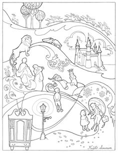 a black and white coloring book page with an image of children playing in the park