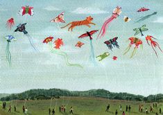 many people are flying kites in the sky