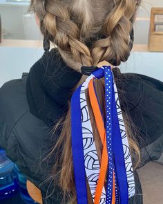 Volleyball Team Spirit Ribbon Ponies  These are absolutely perfect for you and your entire volleyball team.  Such fun to have these bouncing in their hair while they are playing!!  The ribbon ponies are pictured above with Royal blue and Orange team colors, but I can do any color combo you wish. The volleyball ribbon will stay the same and will add to ribbon of your choice for your team colors.  When purchasing, please list what your team colors are in the comment section.  What girl would not l Volleyball Team Hair Bows, Red Hair Transformation, Volleyball Ribbon, Volleyball Hair Bows, Volleyball Hair, Volleyball Gear, Cherry Red Hair, Cool Brown