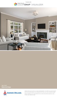 a living room with gray walls and white furniture