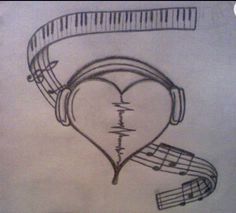 a drawing of a heart with musical notes