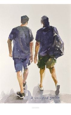 two people are walking down the street with backpacks on their backs and back to each other