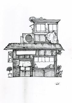 a drawing of a house with lots of windows and plants on the top of it