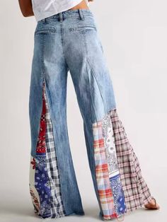 Introducing our Boho Flare Leg Jeans – the perfect fusion of free-spirited style and comfort! These jeans feature a mix of vibrant printed fabrics on the legs, giving each pair a unique, bohemian flair. With a loose, relaxed fit, they offer ease of movement and a flattering silhouette. The flared legs add a retro twist, making these jeans a statement piece that’s perfect for casual days or festival-ready looks. Style them with your favorite tops for an effortlessly chic vibe. Casual style. Europ Ropa Upcycling, High Waist Wide Leg Jeans, Mid Waist Jeans, Mode Hippie, Patches Fashion, Pants Vintage, Patchwork Jeans, Flare Leg Jeans, Denim Patchwork