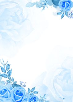 blue roses and leaves on a white background with space for your text or image in the center