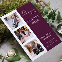 save the date card with three photos on it next to wedding rings and greenery