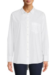 Time and Tru Women's White Button-Front Shirt | Walmart (US) Classic White Shirt, Weekend Style, Professional Look, Button Front Shirt, Roll Up, Classic White