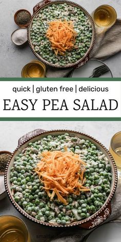 pea salad with carrots and grated parmesan cheese in a bowl on the side