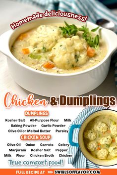 an advertisement for chicken and dumplings in a bowl