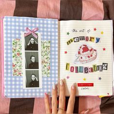 a woman's hand is holding an open book with pictures on it and the words memory collages