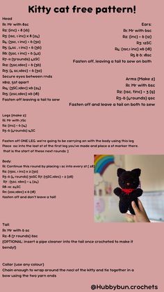 a black teddy bear sitting on top of a pink sheet with the words kitty cat free pattern