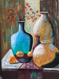 a painting of vases and oranges on a table with flowers in the background