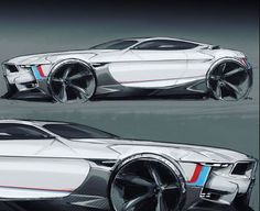 two views of the bmw concept car, one in white with blue and red stripes