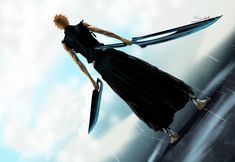 a woman in black dress holding two large knives over her head while flying through the air