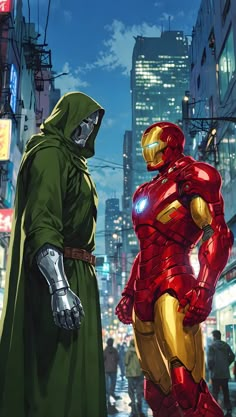 two superheros standing in the middle of a city