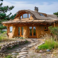 a small house with a thatched roof and stone pathway