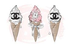 three ice cream cones with chanel logos on them, one is pink and the other is white