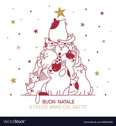 an image of a christmas tree with cats on it's top and the words buon natale e pelice anno cool gatto