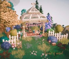 a painting of a gazebo in the middle of a garden with flowers and trees