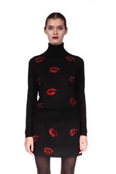 BISOU' CRYSTAL SLIM TURTLENECK - SWEATERS - Libertine Fitted Turtleneck Sweater For Party, Black Turtleneck Mini Skirt, Elegant Stretch Turtleneck Mini Dress, Chic Embellished Fitted Sweater, Luxury Black Mini Pencil Skirt, Black Lace Turtleneck, Luxury Fitted Turtleneck Sweater Dress, Turtleneck Style, A Line Skirts